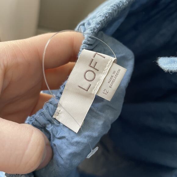 Ann Taylor LOFT Swiss Clip Dot Tie Back Flounce Swing Mini Dress Chambray Sz 12 - Picture 11 of 11